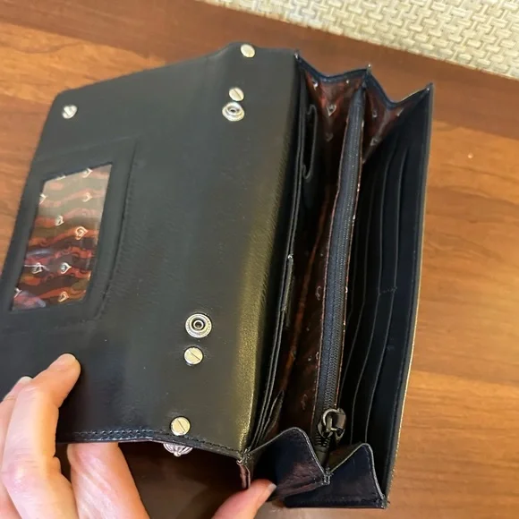 🌟7xHP🌟VTG 90s Brighton Croco Embossed Brown & Black Leather Organizer Wallet Bag - Picture 9 of 15